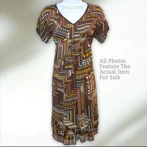 j.jill 100% Silk Dress Womens 8P Petites Medium Brown Midi Short Sleeve